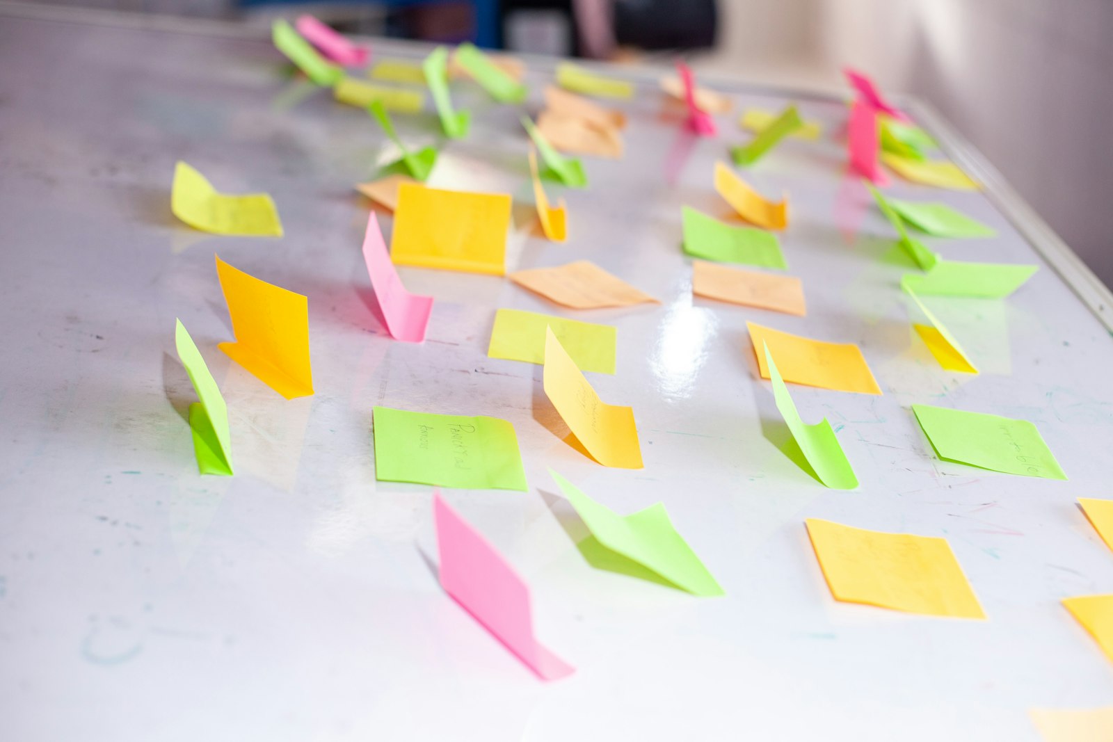 Rows of colourful sticky-note cards laid out on a whiteboard